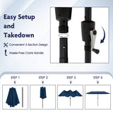 13 FT Large Patio Umbrella with LED Solar Lights and Crank Handle-Navy
