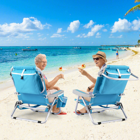1 Piece Foldable Backpack Beach Chair with Cup Holder and Storage Pockets for Outdoor-Blue