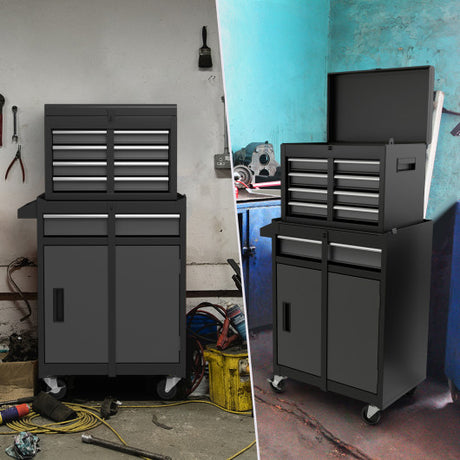 2-in-1 Rolling Tool Chest with 5 Sliding Lockable Drawers-Black & Gray