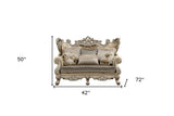 72" Cream And Platinum Damask Chesterfield Loveseat and Toss Pillows