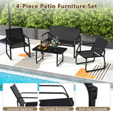 4 Pieces Patio Conversation Set with Breathable Fabric Seat and Tempered Glass Tabletop-Black