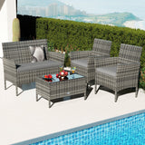 4 Piece Patio Rattan Conversation Set with Cozy Seat Cushions-Light Gray
