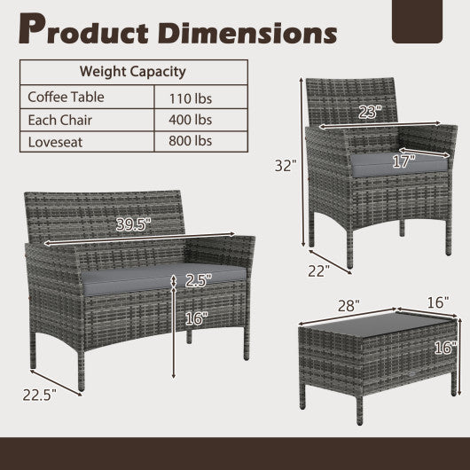 4 Piece Patio Rattan Conversation Set with Cozy Seat Cushions-Light Gray