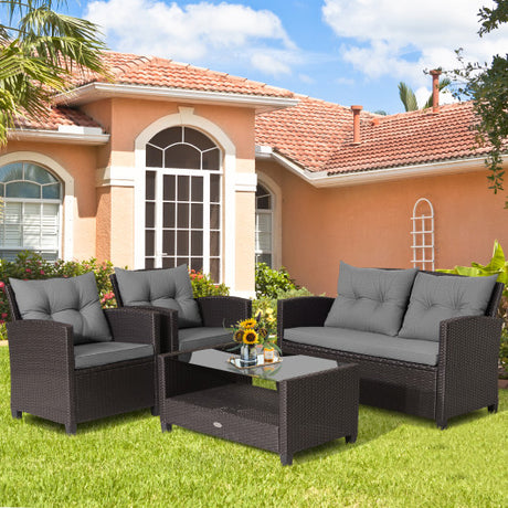 4 Pieces Patio Rattan Conversation Furniture Set with Glass Top Coffee Table-Gray