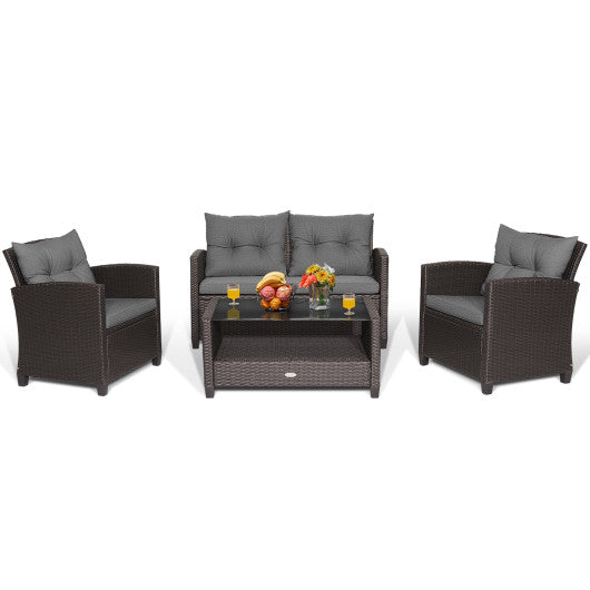 4 Pieces Patio Rattan Conversation Furniture Set with Glass Top Coffee Table-Gray