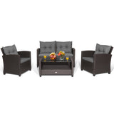 4 Pieces Patio Rattan Conversation Furniture Set with Glass Top Coffee Table-Gray