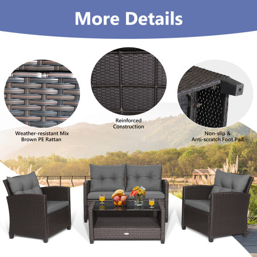 4 Pieces Patio Rattan Conversation Furniture Set with Glass Top Coffee Table-Gray