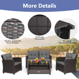 4 Pieces Patio Rattan Conversation Furniture Set with Glass Top Coffee Table-Gray
