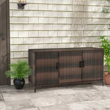 84 Gallon Patio Wicker Deck Box 3-Door PE Rattan Storage Container with Removable Shelves-Brown