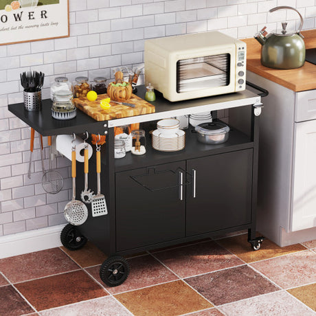 Outdoor Grill Cart with Storage and Folding Stainless Steel Top-Black