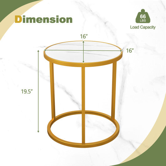 Marble Top Round Side Table 16-Inch End Table with Golden Metal Frame-1 Piece