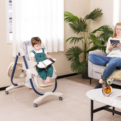 Multifunctional Folding Baby High Chair with Rolling Wheels and Adjustable Height-Navy