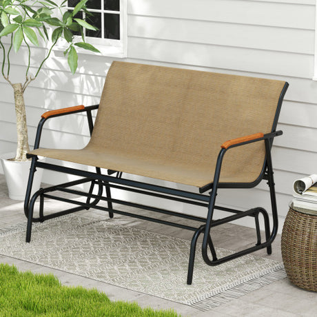 Patio Glider Bench with Curved Teak Armrests and Breathable Fabric Seat for 2 People-Brown