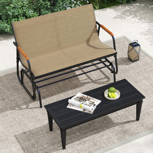 Patio Glider Bench with Curved Teak Armrests and Breathable Fabric Seat for 2 People-Brown