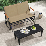 Patio Glider Bench with Curved Teak Armrests and Breathable Fabric Seat for 2 People-Brown