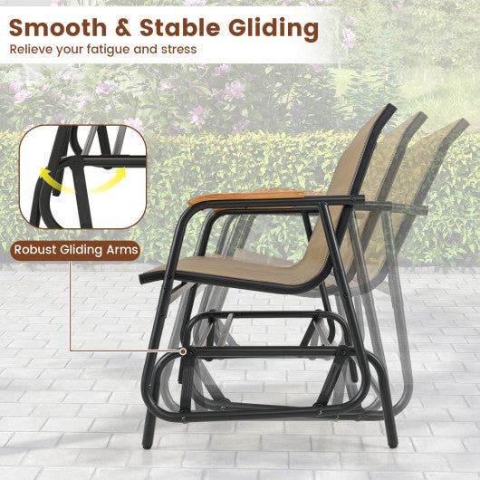 Patio Glider Bench with Curved Teak Armrests and Breathable Fabric Seat for 2 People-Brown