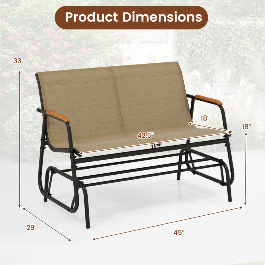 Patio Glider Bench with Curved Teak Armrests and Breathable Fabric Seat for 2 People-Brown