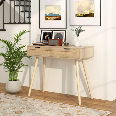 Rattan Console Table with Pull-out Drawer Boho Style Entryway Table-Natural