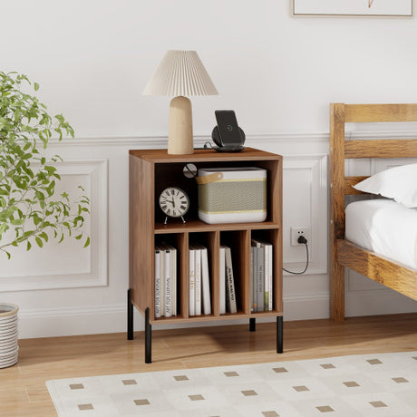 Record Player Stand with Record Storage Shelf and Charging Station-Walnut