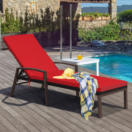2 Pieces Patio Rattan Reclining Chaise Lounge Chair with Cushion and Armrest-Red & White
