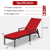 2 Pieces Patio Rattan Reclining Chaise Lounge Chair with Cushion and Armrest-Red & White
