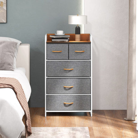 4-Tier Organizer Tower Steel Frame Wooden Top Storage with 5-Drawer Dresser-Gray