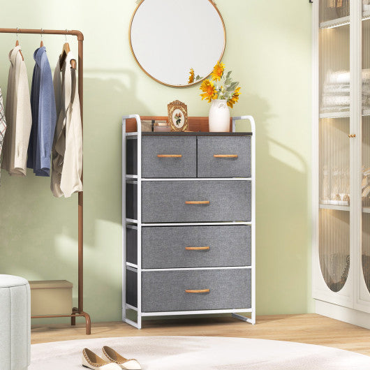4-Tier Organizer Tower Steel Frame Wooden Top Storage with 5-Drawer Dresser-Gray
