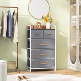 4-Tier Organizer Tower Steel Frame Wooden Top Storage with 5-Drawer Dresser-Gray