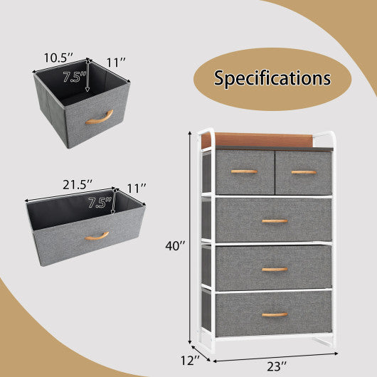 4-Tier Organizer Tower Steel Frame Wooden Top Storage with 5-Drawer Dresser-Gray