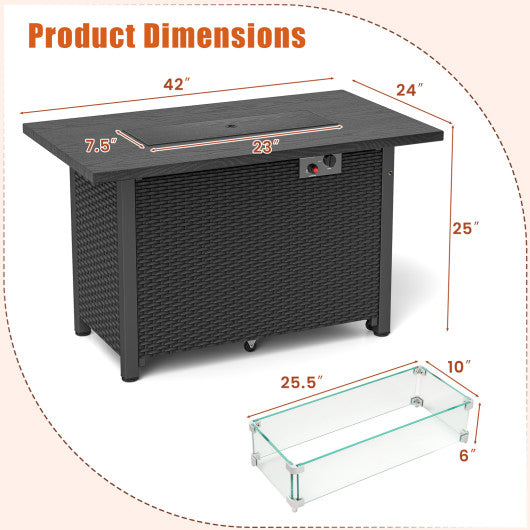50000 BTU 2 Inch ropane Gas Fire Pit Table with Wind Guard and Glass Rocks-Black
