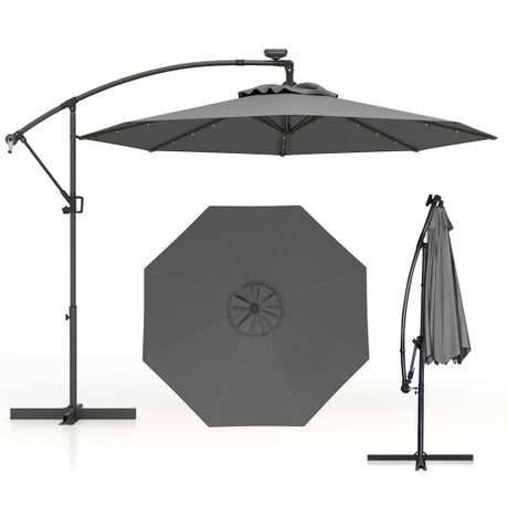 10 Feet 360 ° Rotation Solar Powered LED Patio Offset Umbrella without Weight Base-Gray