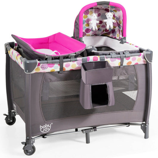 4-in-1 Convertible Portable Baby Playard Newborn Napper with Music and Toys-Pink