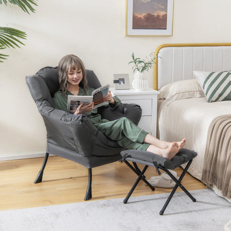 Modern Accent Sofa Chair with Folding Footrest and Side Pocket-Gray